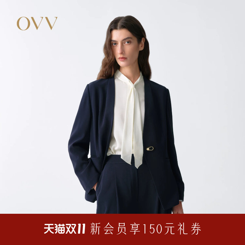 OVV2026春夏新款女装醋酸混纺面料简洁无领设计休闲西服