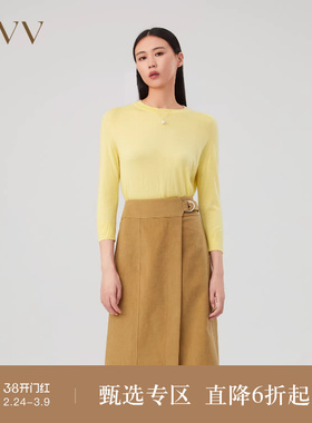 OVV秋冬新款女装丝羊绒马鞍肩经典圆领七分袖针织衫