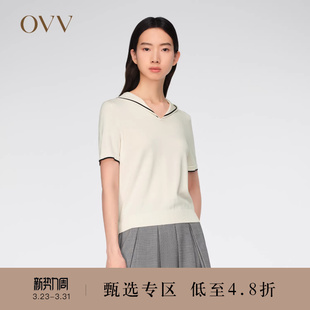 针织衫 丝棉混纺海军领撞色边饰短袖 女装 OVV春夏热卖