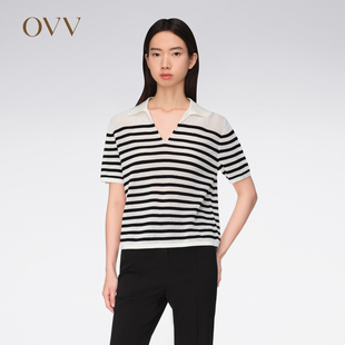 针织衫 半镂空肌理条纹套头V领短袖 女装 OVV春夏热卖