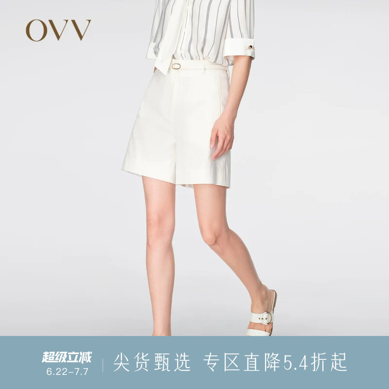 OVV春夏热卖女装棉麻混纺随附腰带经典直筒休闲短裤