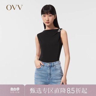 OVV春夏热卖女装日本进口面料黑色不规则领口无袖针织上衣