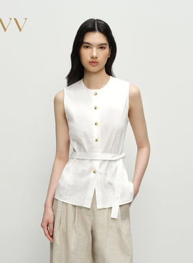 OVV2025春夏新款女装淡人仿麻感面料简约随附腰带无袖上衣