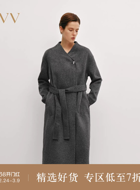 OVV秋冬热卖女装简约舒适无领随附腰带羊毛双面呢大衣