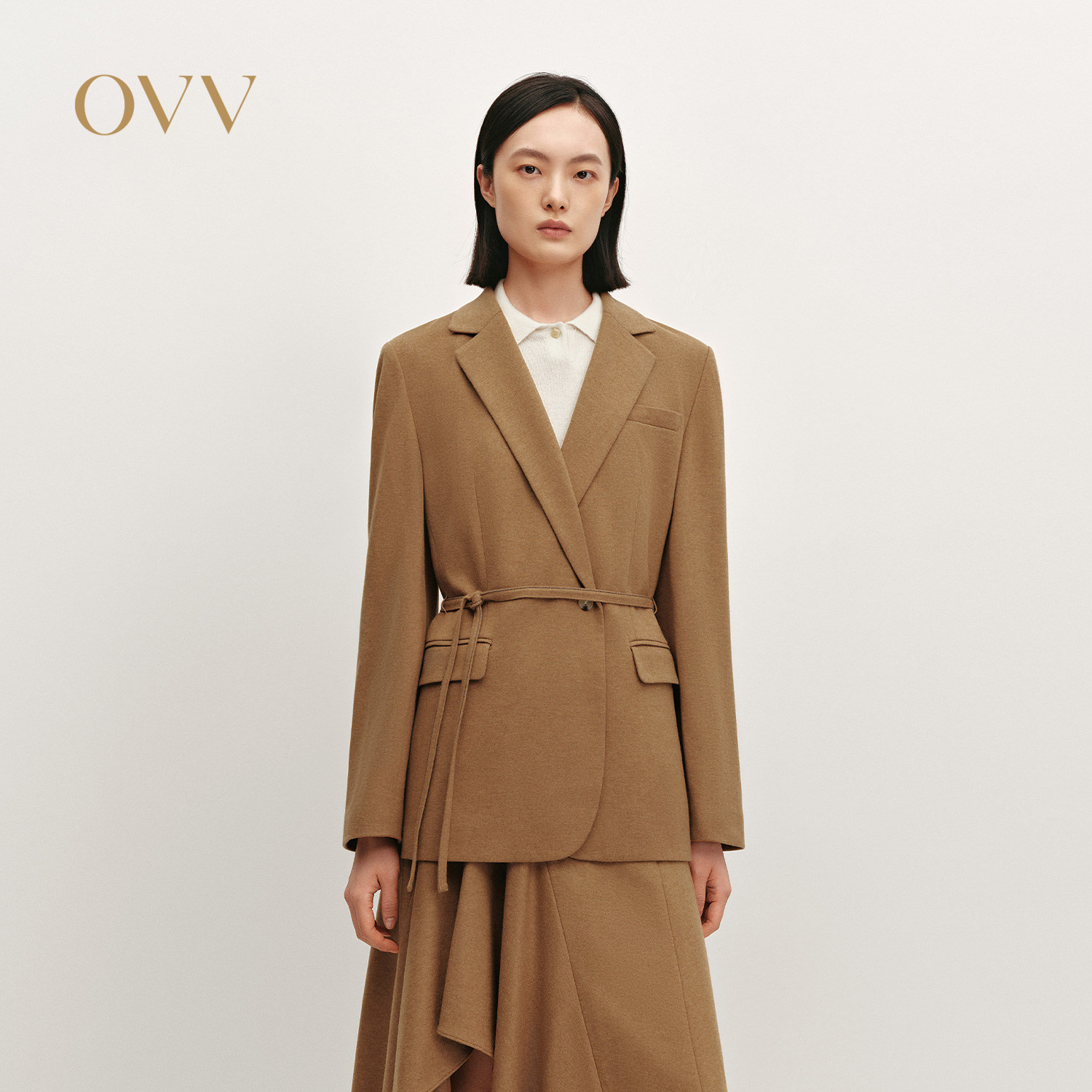 OVV秋冬热卖女装平驳领针织羊毛随附腰带休闲西服外套