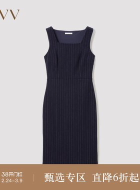 OVV秋冬女装法式方领竖条纹宽吊带学院风修身无袖背心裙
