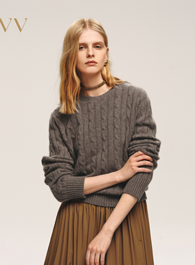 OVV2025秋冬新款女装复古立体绞花圆领休闲羊绒长袖针织衫