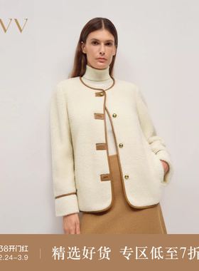 OVV2025秋冬新款女装时髦撞色设计经典圆领羊羔毛短大衣