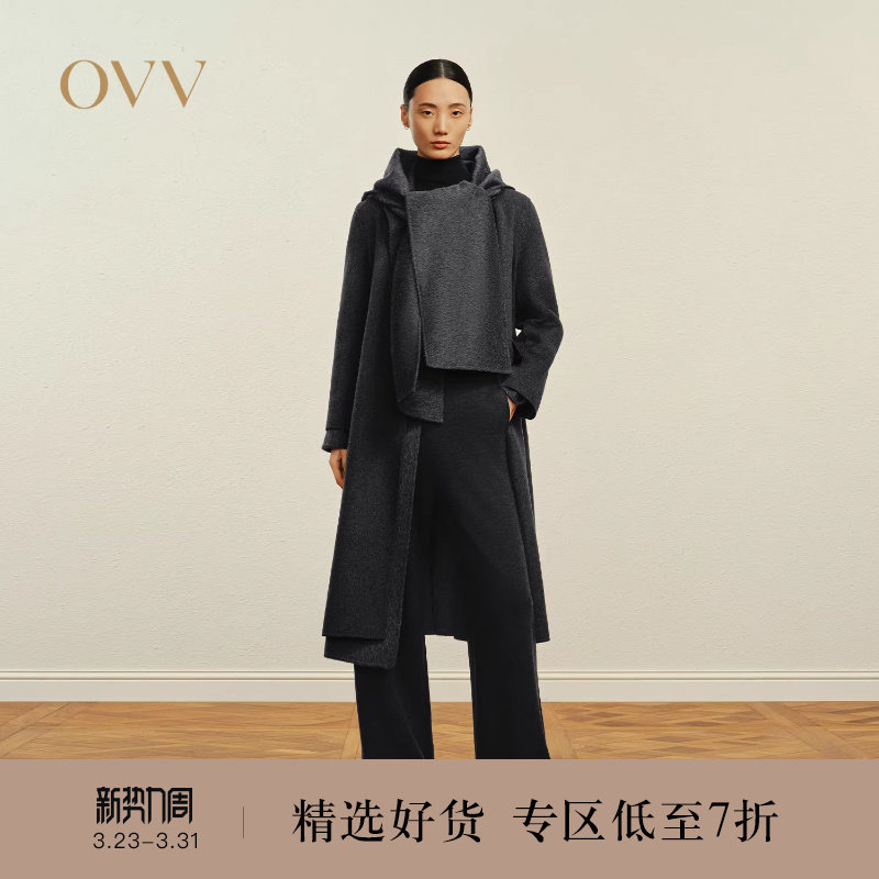 OVV秋冬热卖女装随附围巾连帽单排扣羊毛双面呢大衣