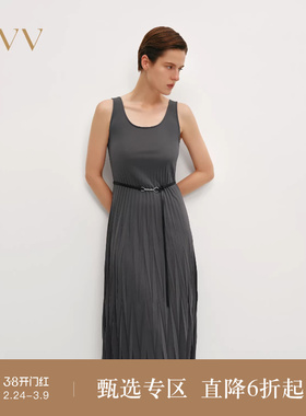 OVV秋冬热卖女装时髦圆领设计感百褶下摆吊带连衣裙