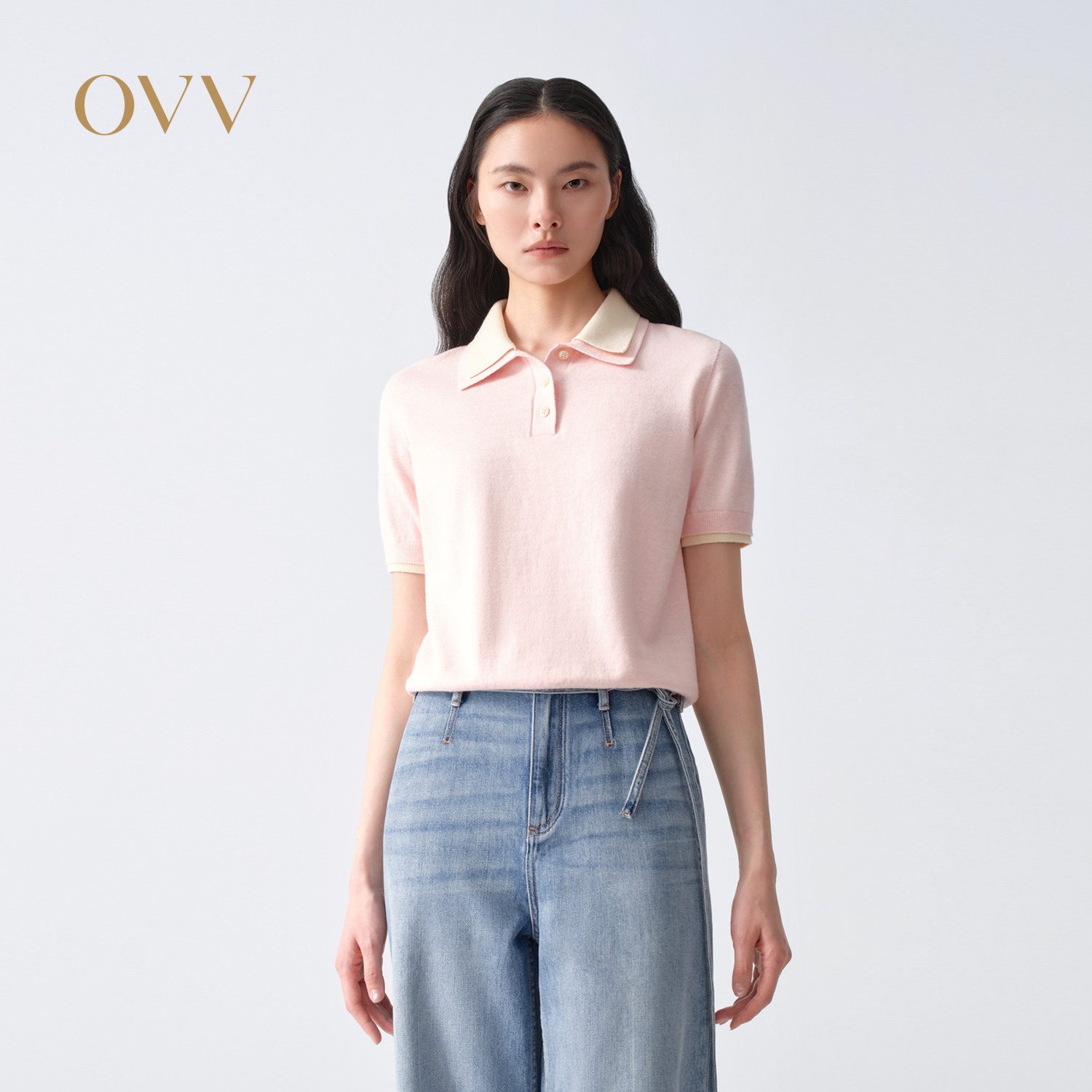 OVV2026春夏新款女装两层撞色翻领休闲活泼短袖针织衫