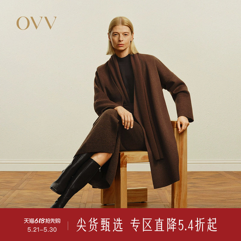 OVV秋冬热卖女装简约随附腰带围巾保暖羊毛双面呢大衣