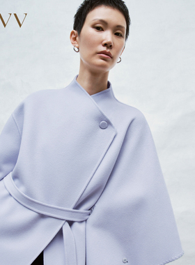 OVV秋冬新款女装贝壳刺绣装饰不对称斗篷羊毛双面呢大衣