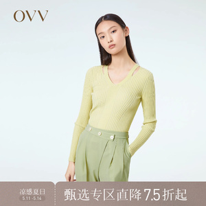 OVV春夏热卖女装桑蚕丝新疆长绒棉混纺V领镂空长袖针织衫