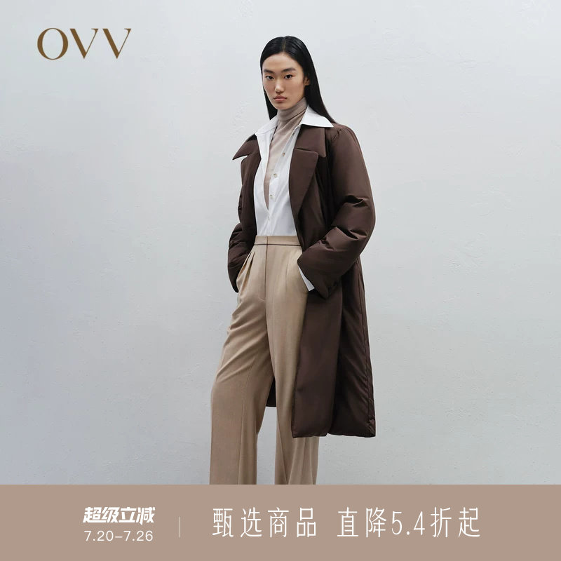 OVV秋冬新款女装优雅戗驳领双排扣长款大衣式羽绒服