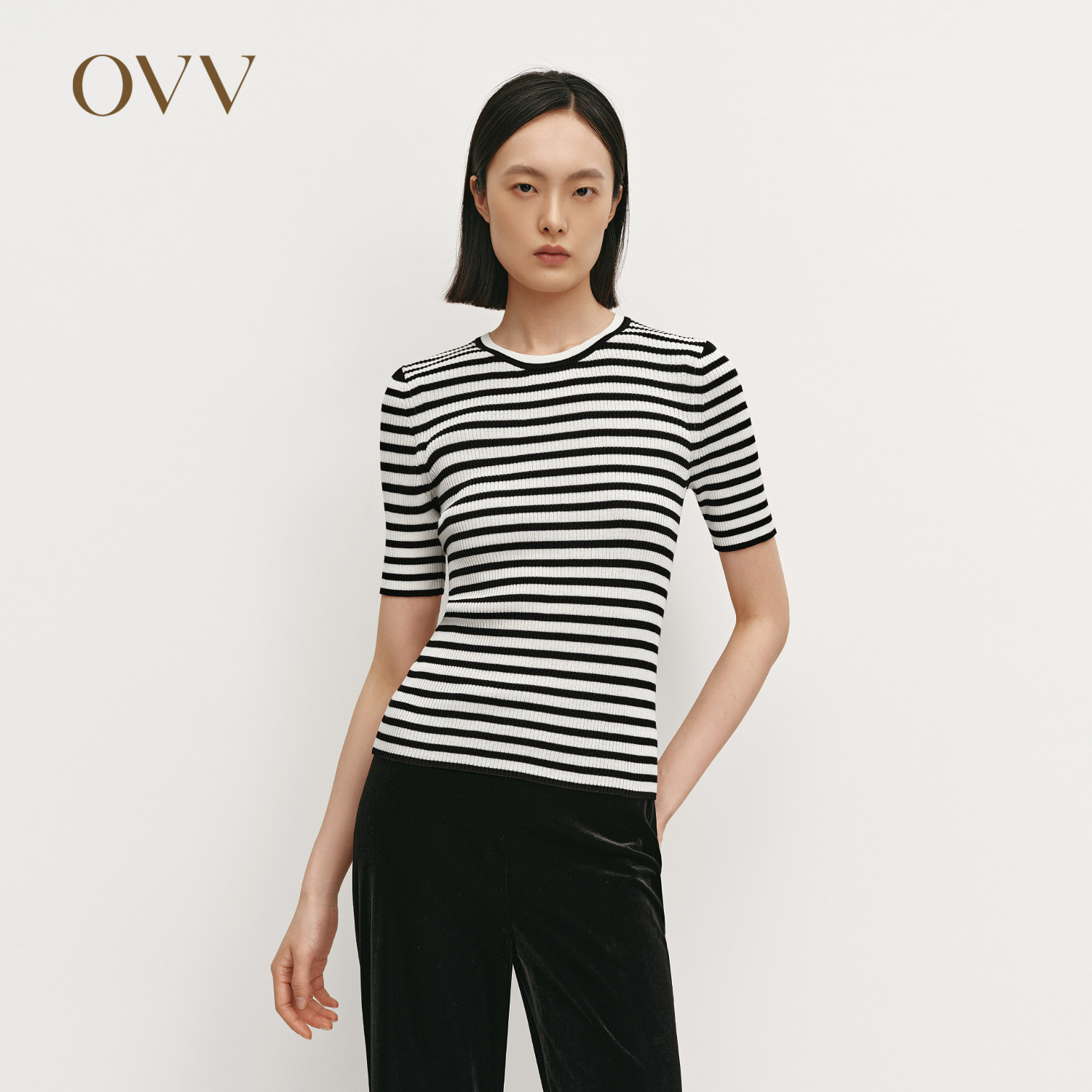 OVV秋冬热卖女装丝棉清爽条纹经典简约圆领短袖针织衫
