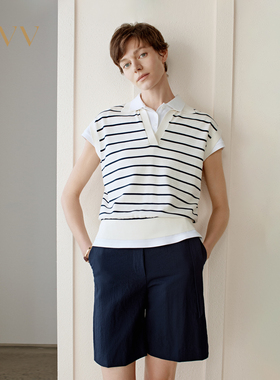 OVV2025春夏新款女装淡人经典时髦条纹POLO领休闲无袖针织衫
