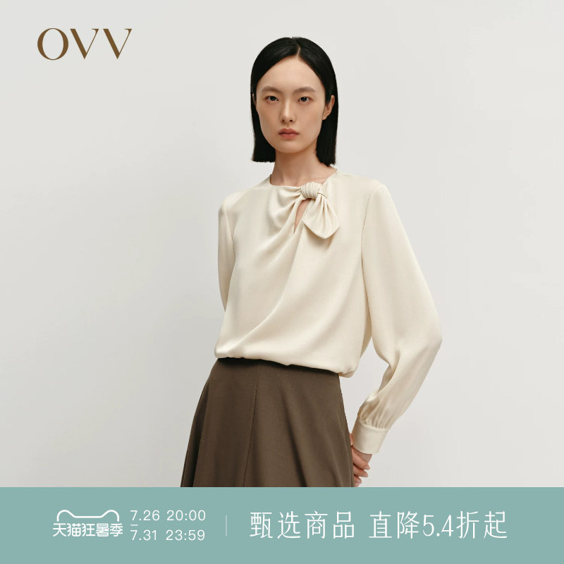 OVV秋冬热卖女装缎面醋酸肌理感圆领扭结设计长袖衬衫