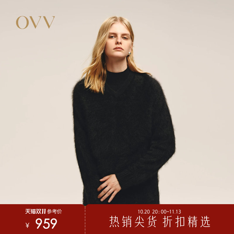 OVV秋冬热卖女装优雅大气V领拉绒工艺长袖羊绒衫