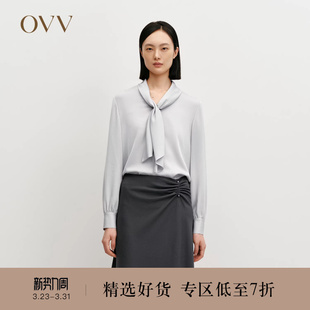 休闲衬衫 缎面醋酸V领飘带长袖 上衣 女装 OVV秋冬热卖