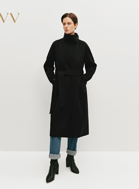 OVV秋冬热卖女装立领设计随附腰带中长羊毛双面呢大衣