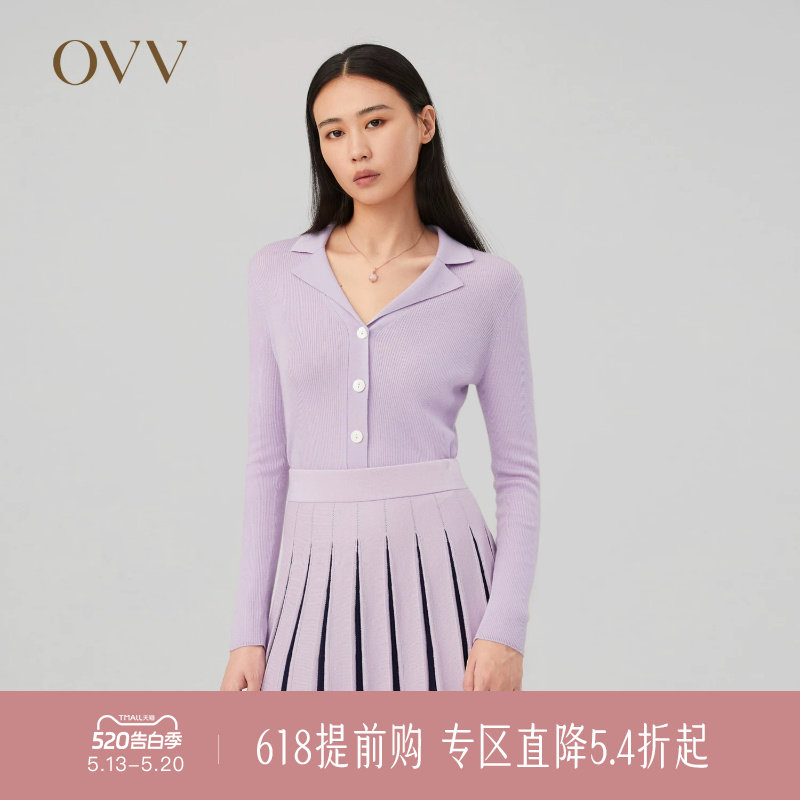 OVV秋冬新款女装丝羊绒西装领修身休闲通勤长袖针织开衫