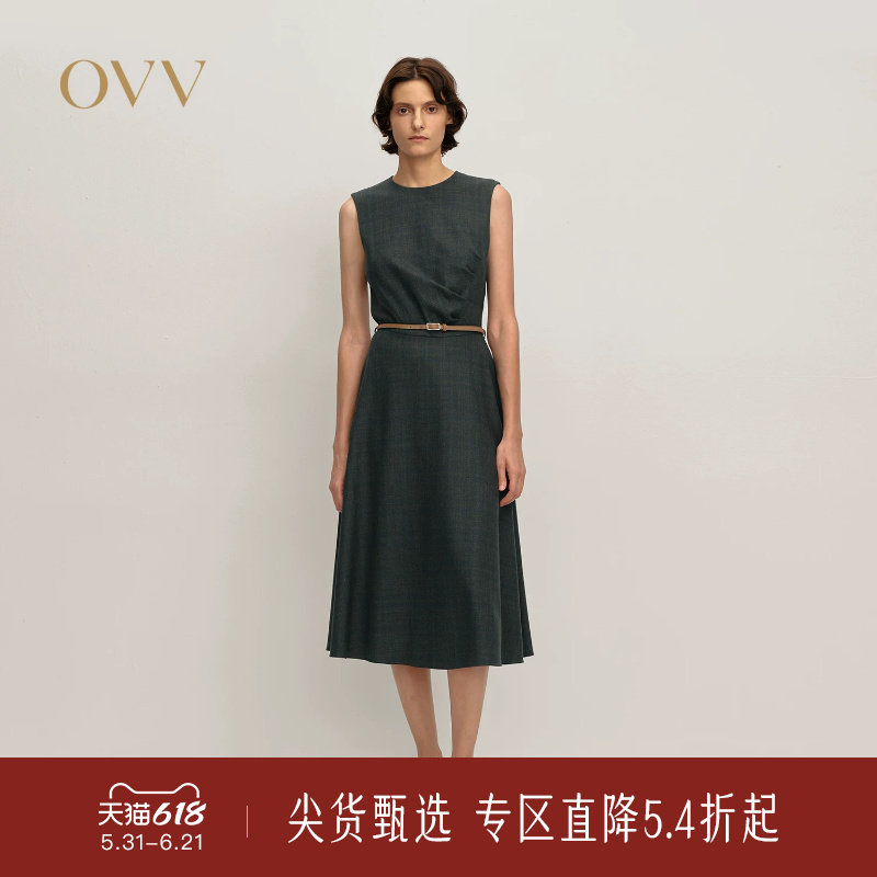 OVV秋冬新款女装精致格纹精纺羊毛圆领休闲无袖连衣裙