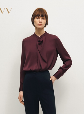 OVV秋冬热卖女装22MM弹力双乔飘带立领长袖休闲衬衫