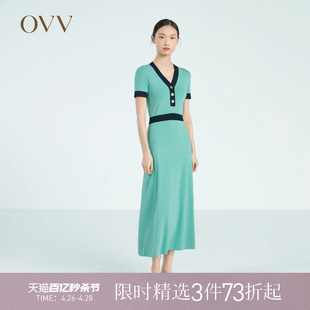 短袖 OVV春夏热卖 女装 复古撞色修身 A字伞裙针织连衣裙