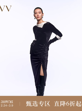 OVV秋冬新款女装醋酸丝绒单边抽绳设计六分袖长款连衣裙