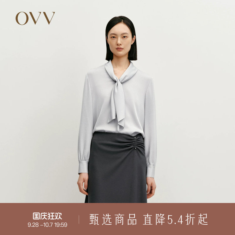 OVV秋冬热卖女装缎面醋酸V领飘带长袖休闲衬衫上衣