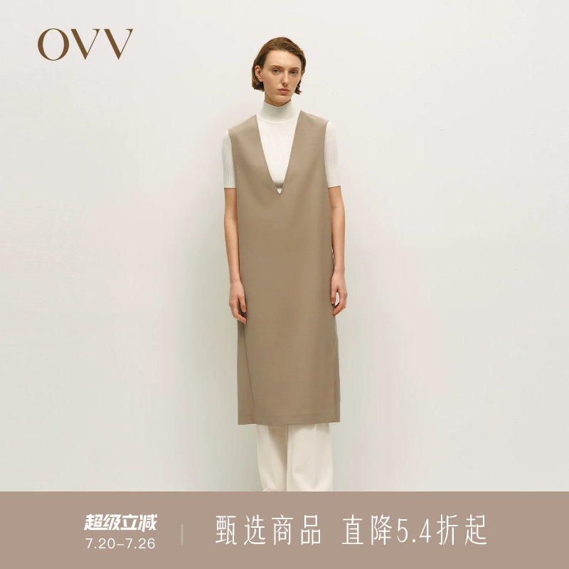 OVV秋冬热卖女装时尚深V领简约优雅羊毛背心连衣裙