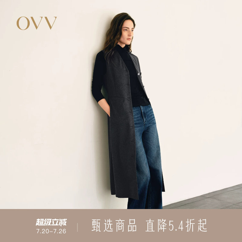 OVV秋冬新款女装优雅V领无袖利落直筒保暖羊毛连衣裙