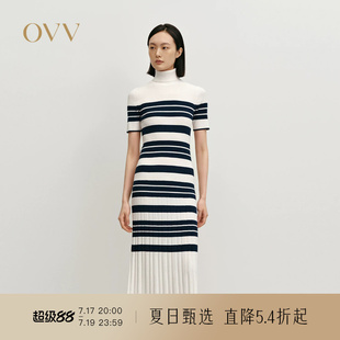 OVV秋冬热卖女装经典横条纹高领长袖羊毛针织连衣裙