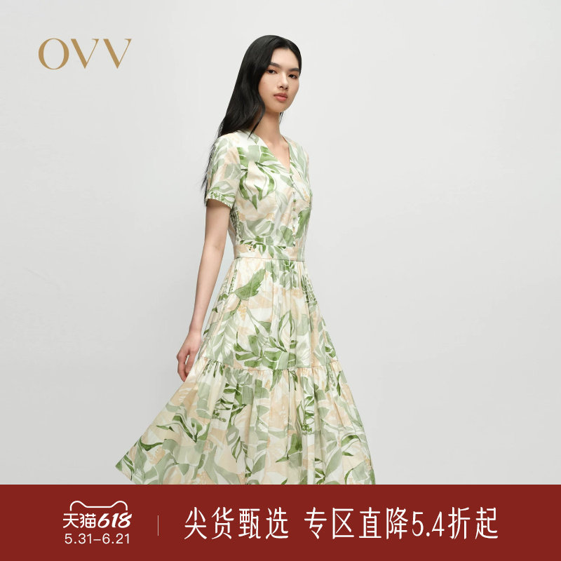 OVV春夏新款女装V领轻盈飘逸清新印花短袖连衣裙