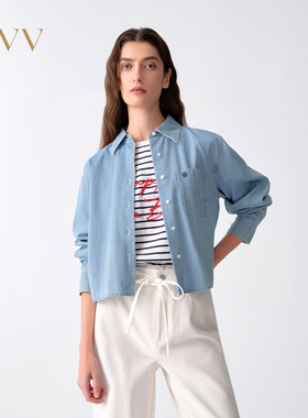 OVV2026春夏新款女装精致刺绣长袖休闲轻盈牛仔短衬衫