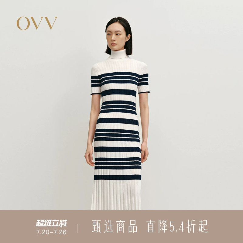 OVV秋冬热卖女装经典横条纹高领长袖羊毛针织连衣裙