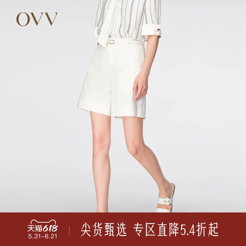 OVV春夏热卖女装棉麻混纺随附腰带经典直筒休闲短裤