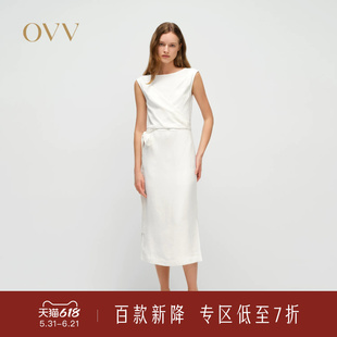 OVV春夏新款女装淡人醋酸围裹式侧缝开衩一字领直筒连衣裙