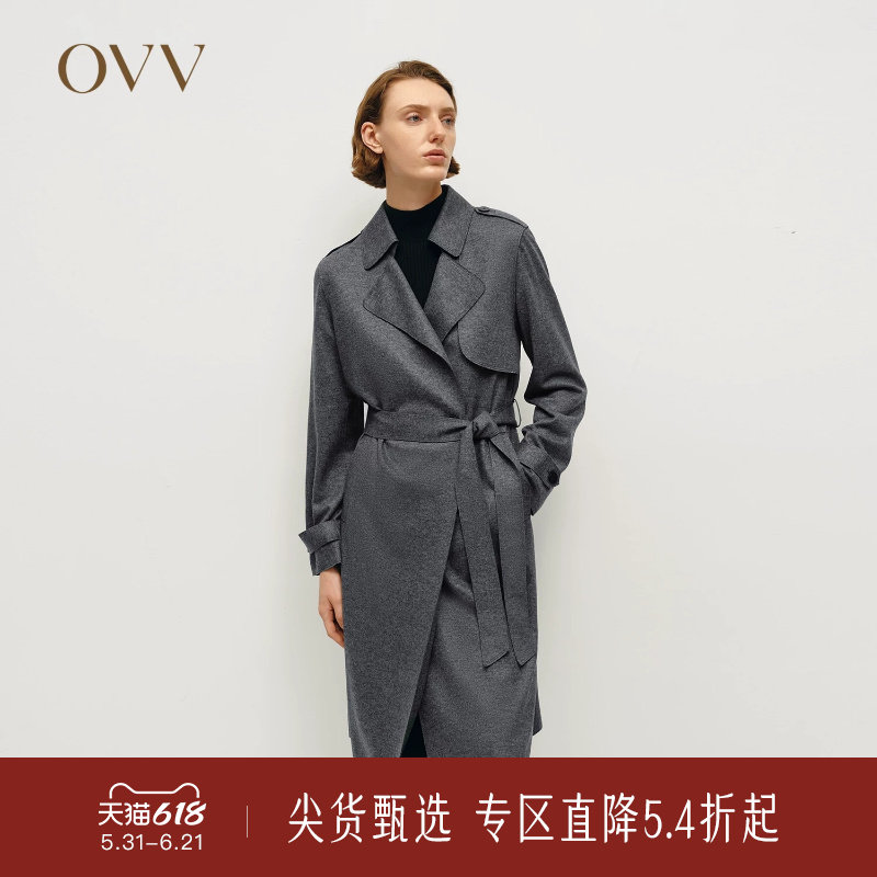 OVV秋冬热卖女装V领随附腰带针织羊毛长款休闲风衣
