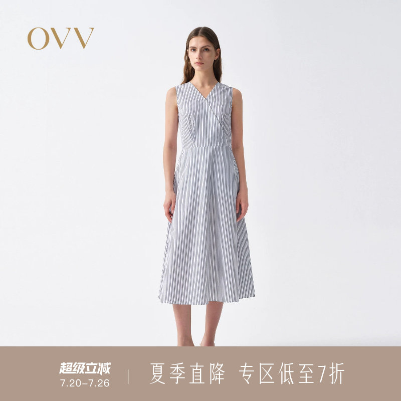 OVV2026春夏新款女装经典条纹时尚V领休闲A字无袖连衣裙