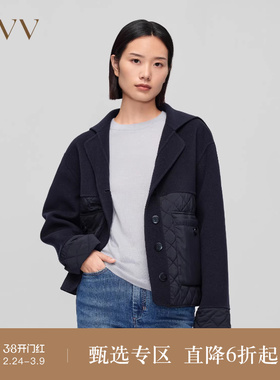 OVV秋冬新款女装经典翻领双面呢拼接短款薄棉服