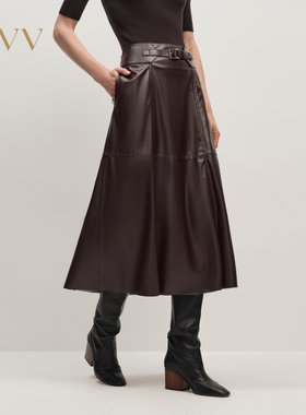 OVV2025秋冬新款女装柔软舒适光泽A字版中长半身皮裙