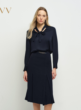 OVV2025春夏新款女装淡人22MM弹力双乔飘带桑蚕丝长袖休闲衬衫