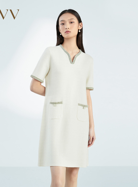 OVV春夏新款女装撞色花纱镶边宽松V领羊毛短袖针织裙GQZZJ13008A