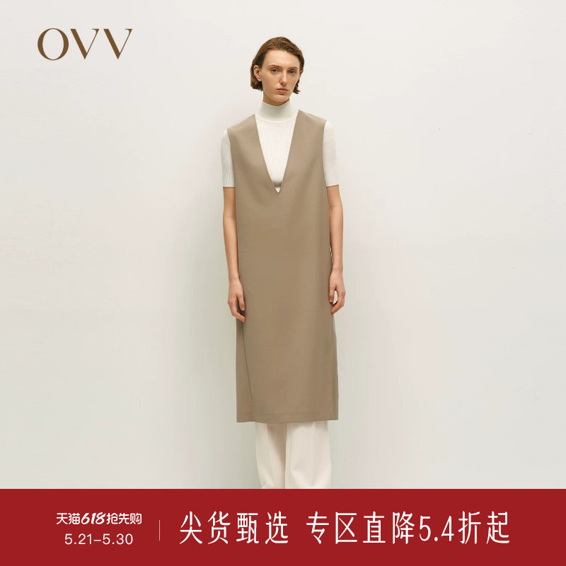 OVV秋冬热卖女装时尚深V领简约优雅羊毛背心连衣裙