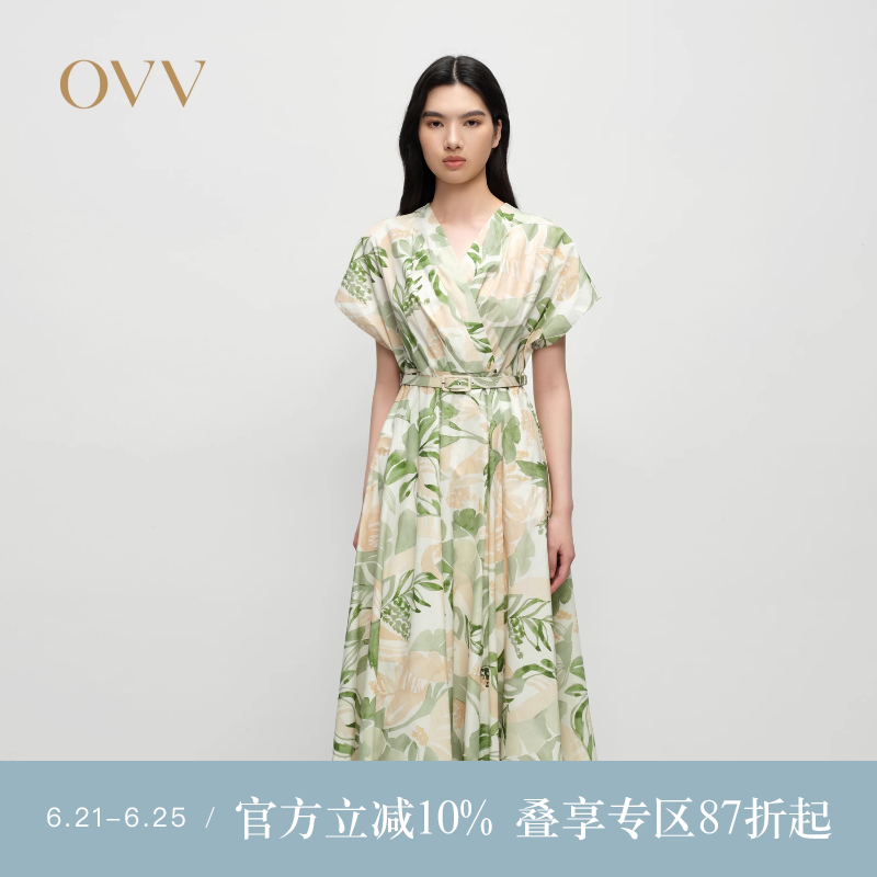 OVV2025春夏新款女装温柔优雅叠门襟清新印花飞袖连衣裙
