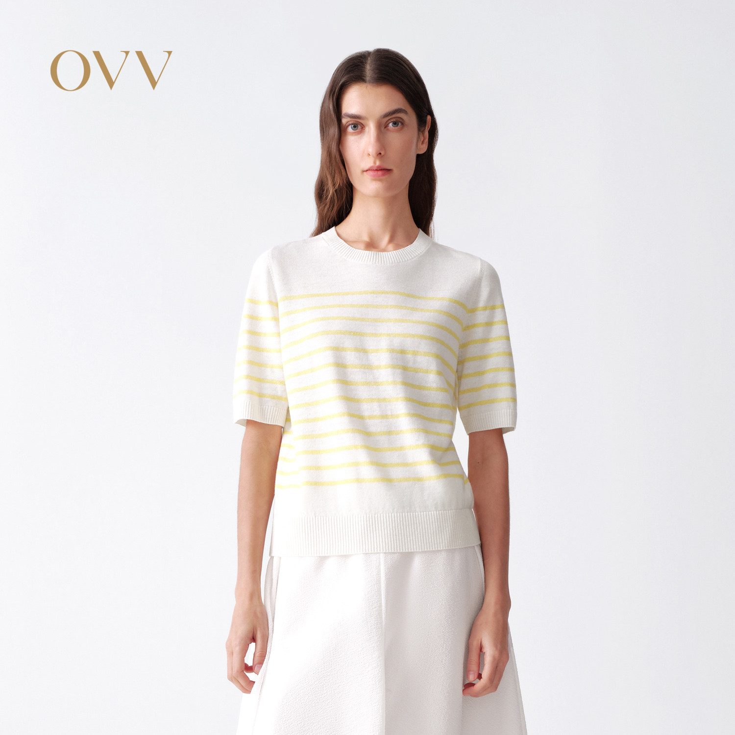 OVV2026春夏新款女装羊毛亚麻混纺条纹圆领休闲短袖针织衫