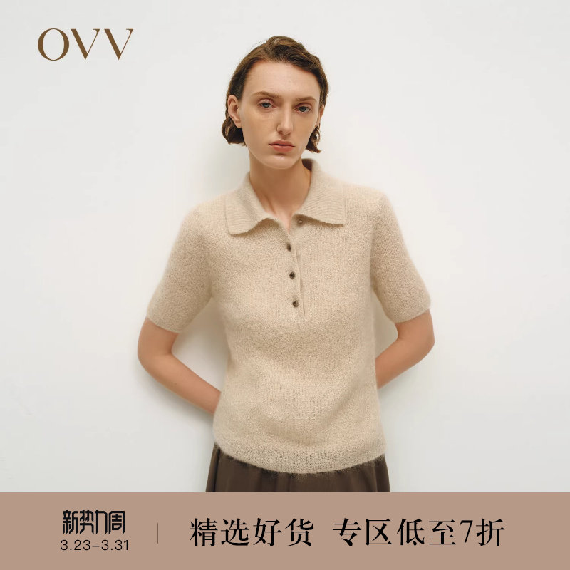 OVV秋冬热卖女装半开襟POLO领马海毛半透明短袖针织衫