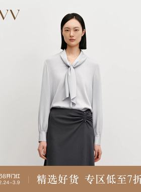 OVV秋冬热卖女装缎面醋酸V领飘带长袖休闲衬衫上衣